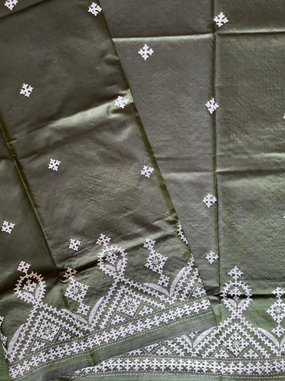 Olive Green Gujrati Stitch/Kutch Hand Embroidered Art Silk Saree