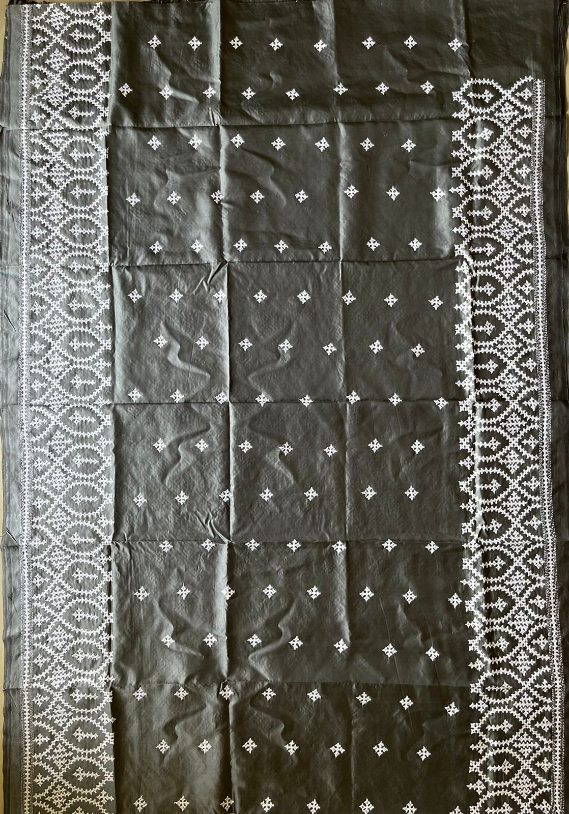 Grey Gujrati Stitch/Kutch Hand Embroidered Art Silk Saree