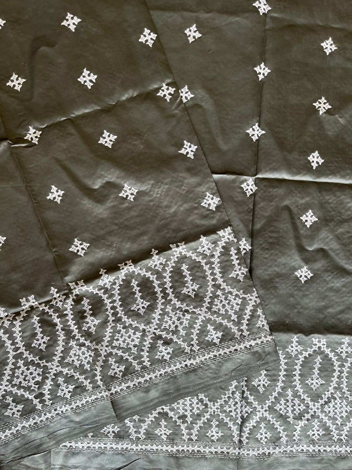 Grey Gujrati Stitch/Kutch Hand Embroidered Art Silk Saree