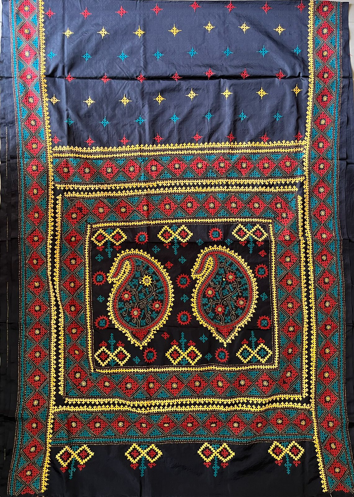 Black Gujrati Stitch/kutch Hand Embroidered Art Silk Saree