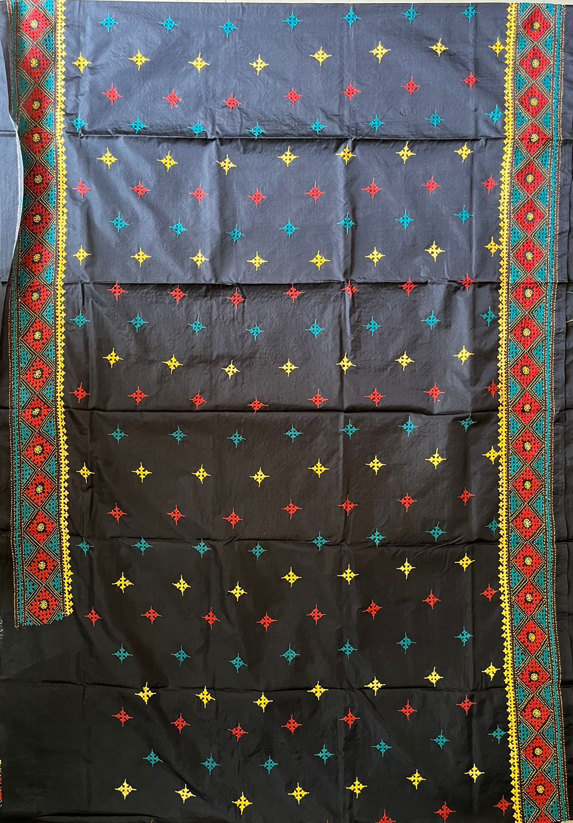 Black Gujrati Stitch/kutch Hand Embroidered Art Silk Saree