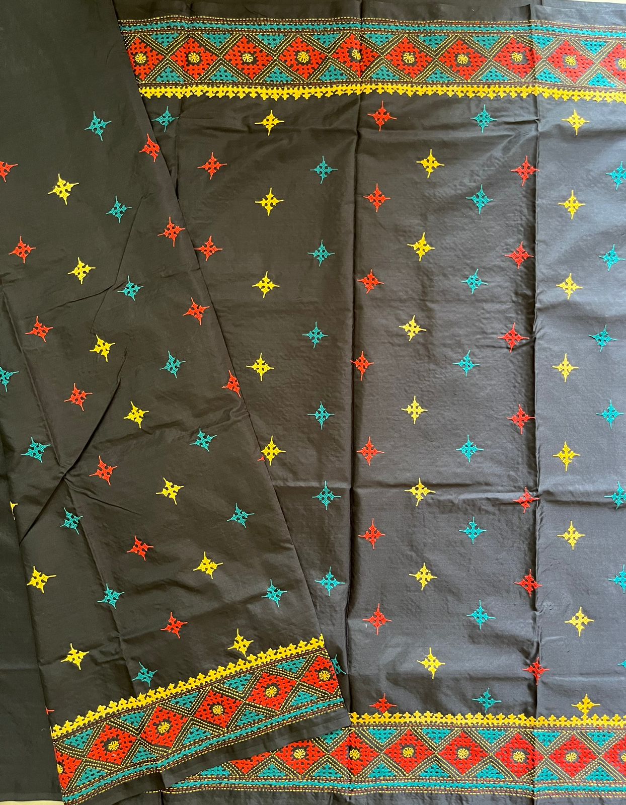 Black Gujrati Stitch/kutch Hand Embroidered Art Silk Saree