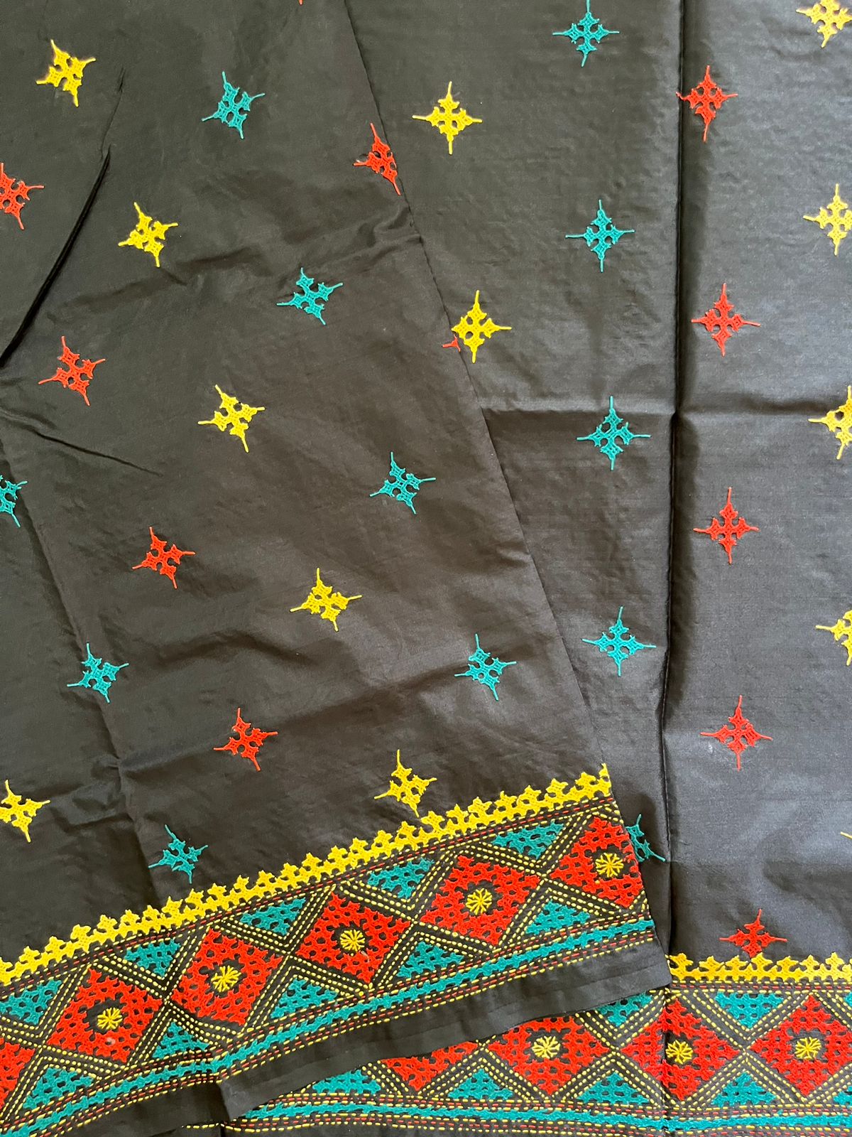 Black Gujrati Stitch/kutch Hand Embroidered Art Silk Saree