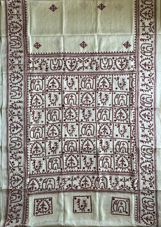 Off White Gujrati Stitch/Kutch Hand Embroidered Art Silk Saree