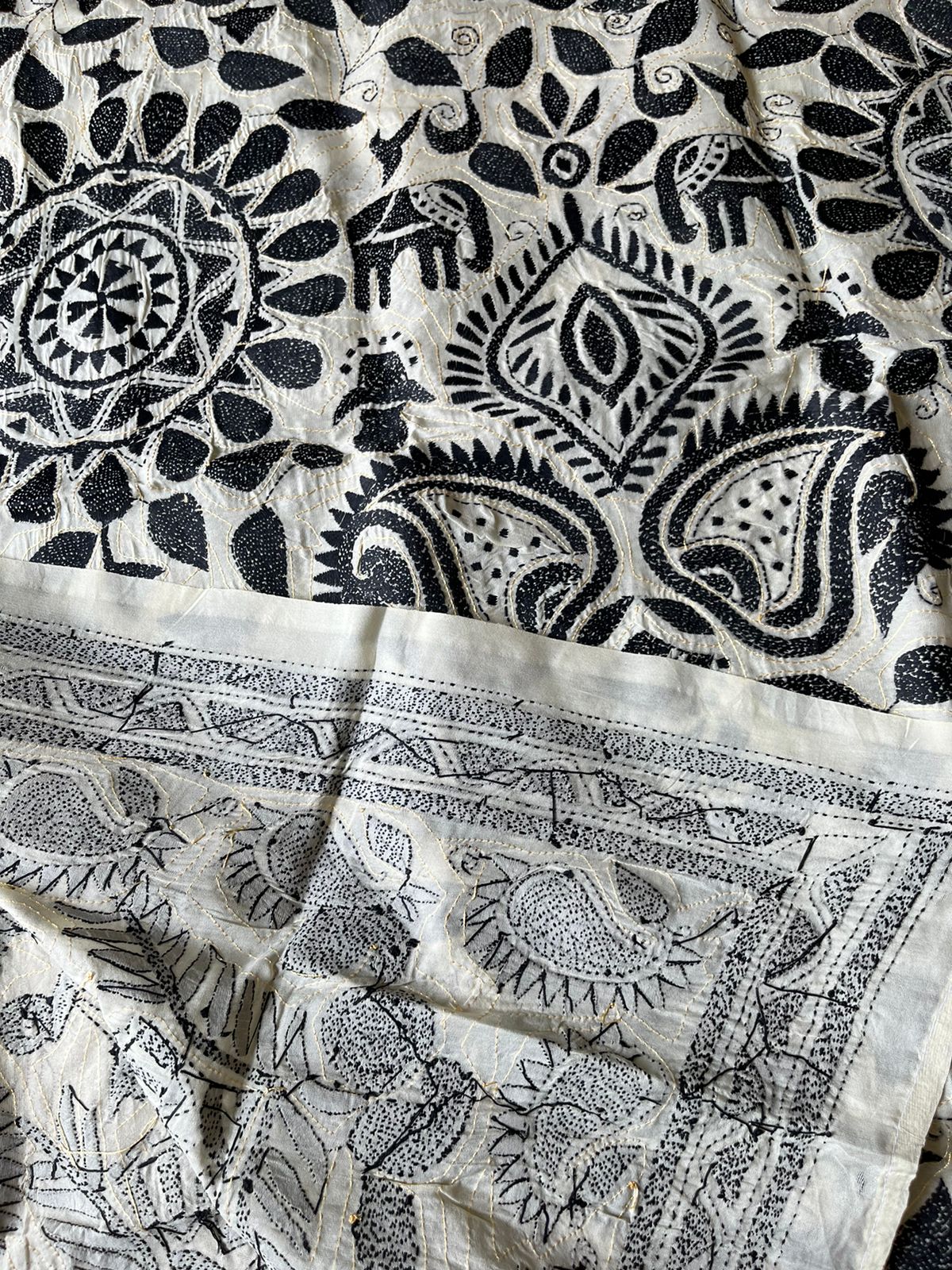 Kantha Stitch Silk Dupatta - Off White