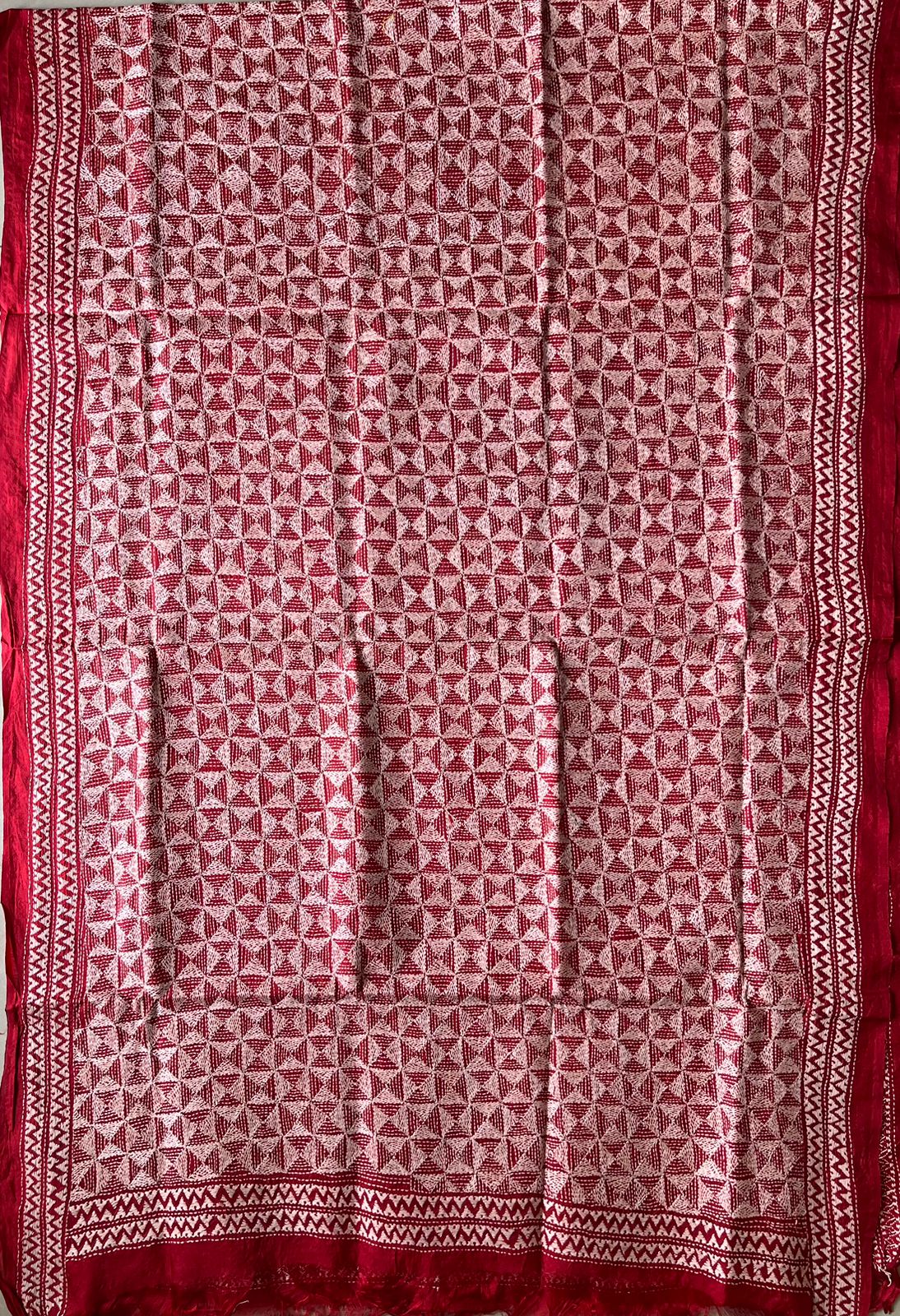 Kantha Stitch Hand Embroidary Full Work Tye Dye Semi Tusshar Silk Dupatta - Red