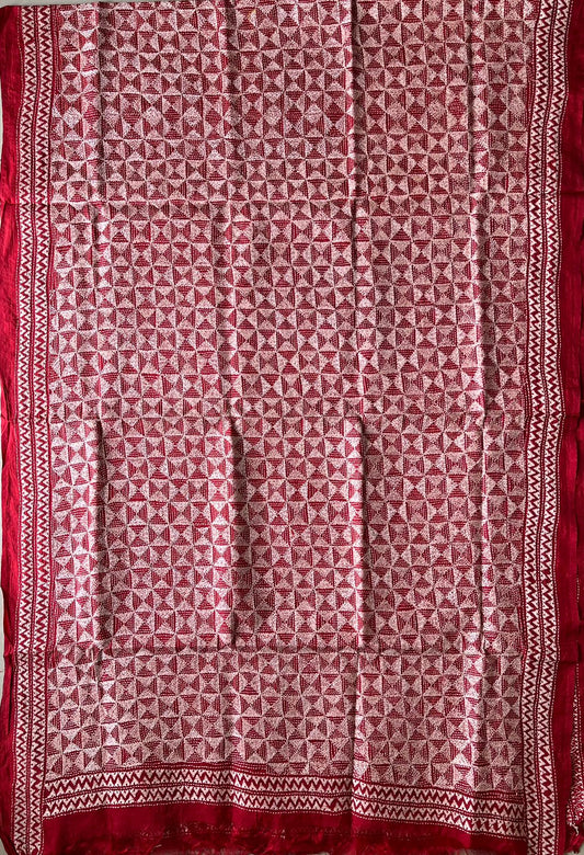 Kantha Stitch Hand Embroidary Full Work Tye Dye Semi Tusshar Silk Dupatta - Red