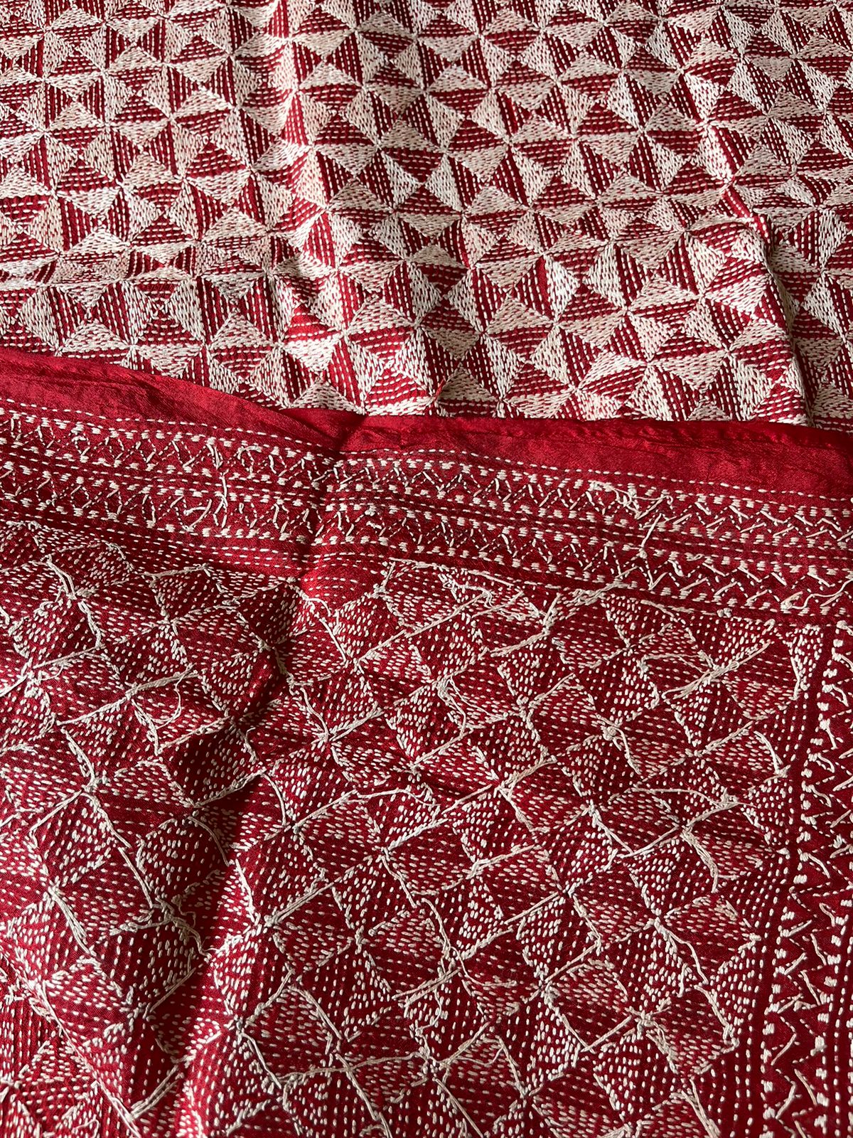 Kantha Stitch Hand Embroidary Full Work Tye Dye Semi Tusshar Silk Dupatta - Red