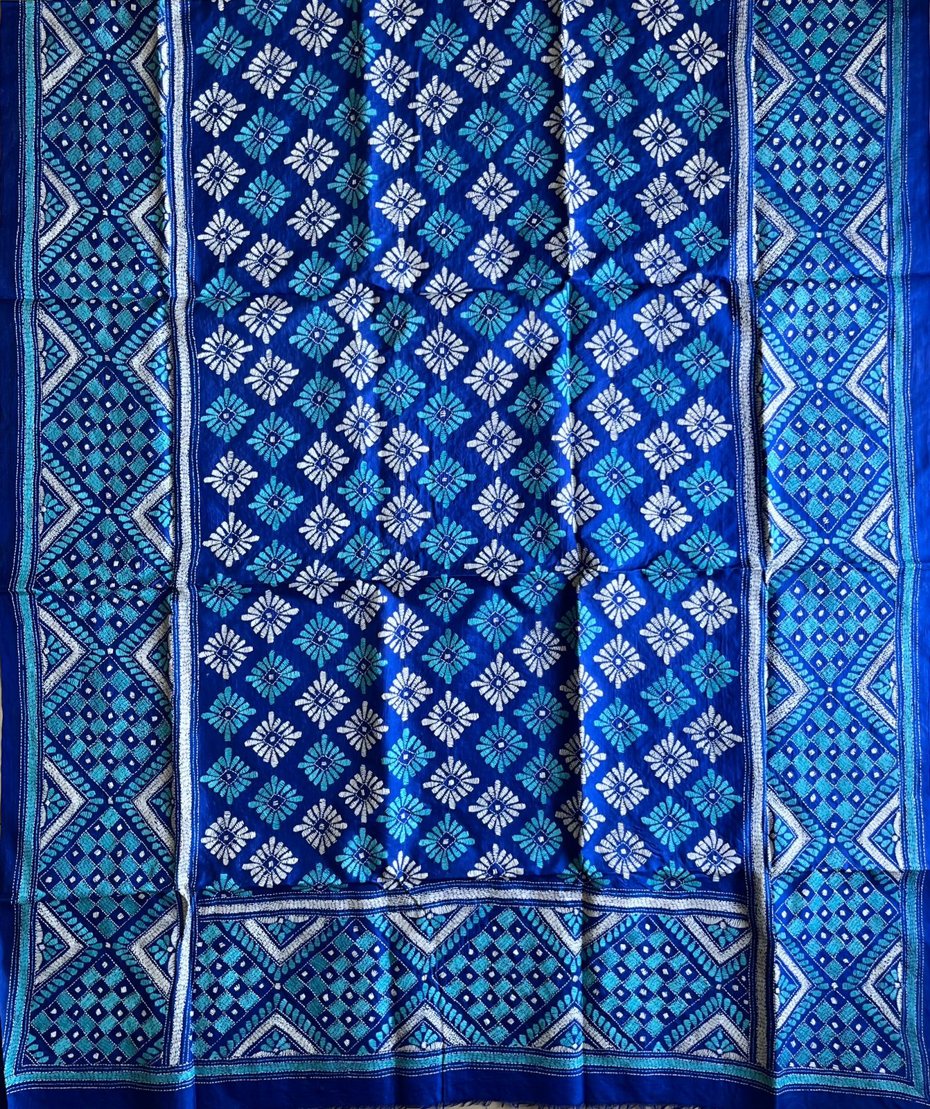 Kantha Stitch Hand Embroidary Full Work Pure Banglore Silk Dupatta. (With Silk Mark)