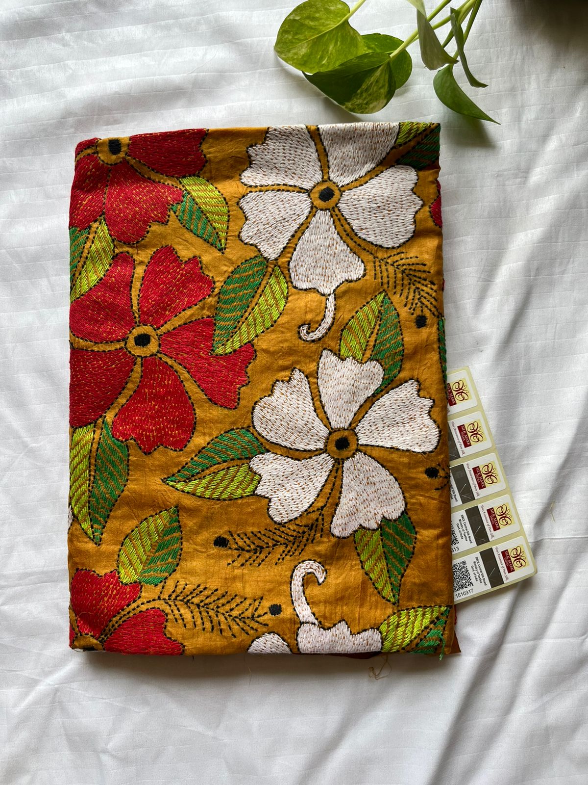 Beige Kantha Stitch Hand Embroidary Full Work Pure Banglore Silk Dupatta. (With Silk Mark)