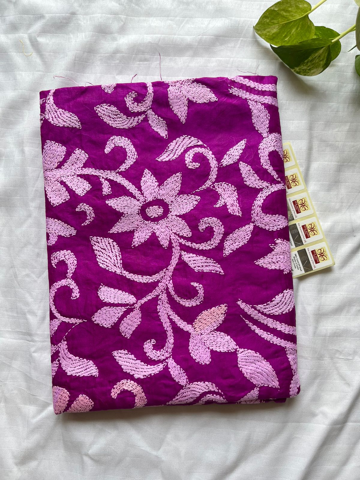 Purple Kantha Stitch Hand Embroidary Full Work Pure Banglore Silk Dupatta. (With Silk Mark)