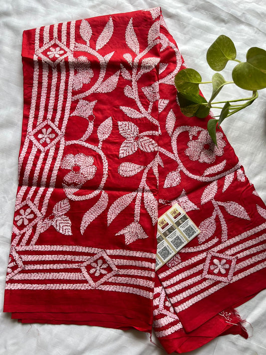 Red Kantha Stitch Hand Embroidary Full Work Pure Banglore Silk Dupatta. (With Silk Mark)