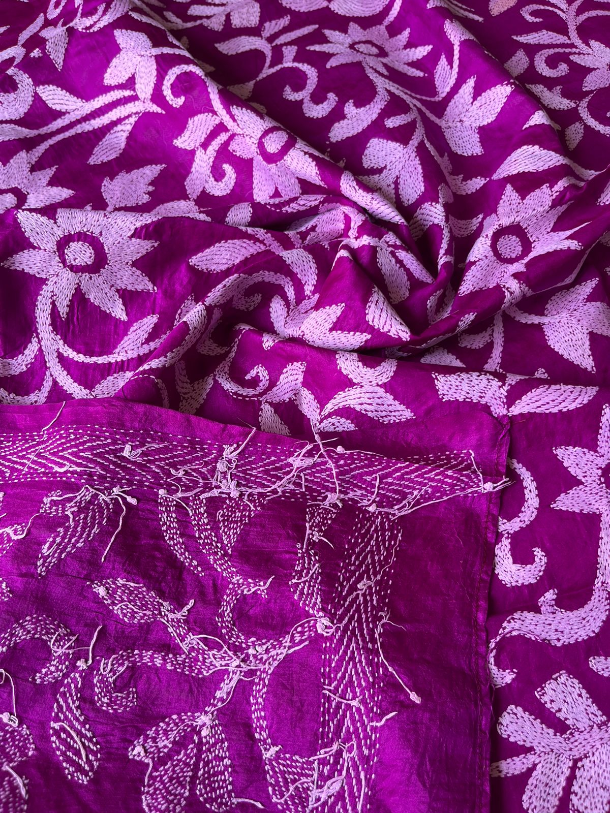 Purple Kantha Stitch Hand Embroidary Full Work Pure Banglore Silk Dupatta. (With Silk Mark)