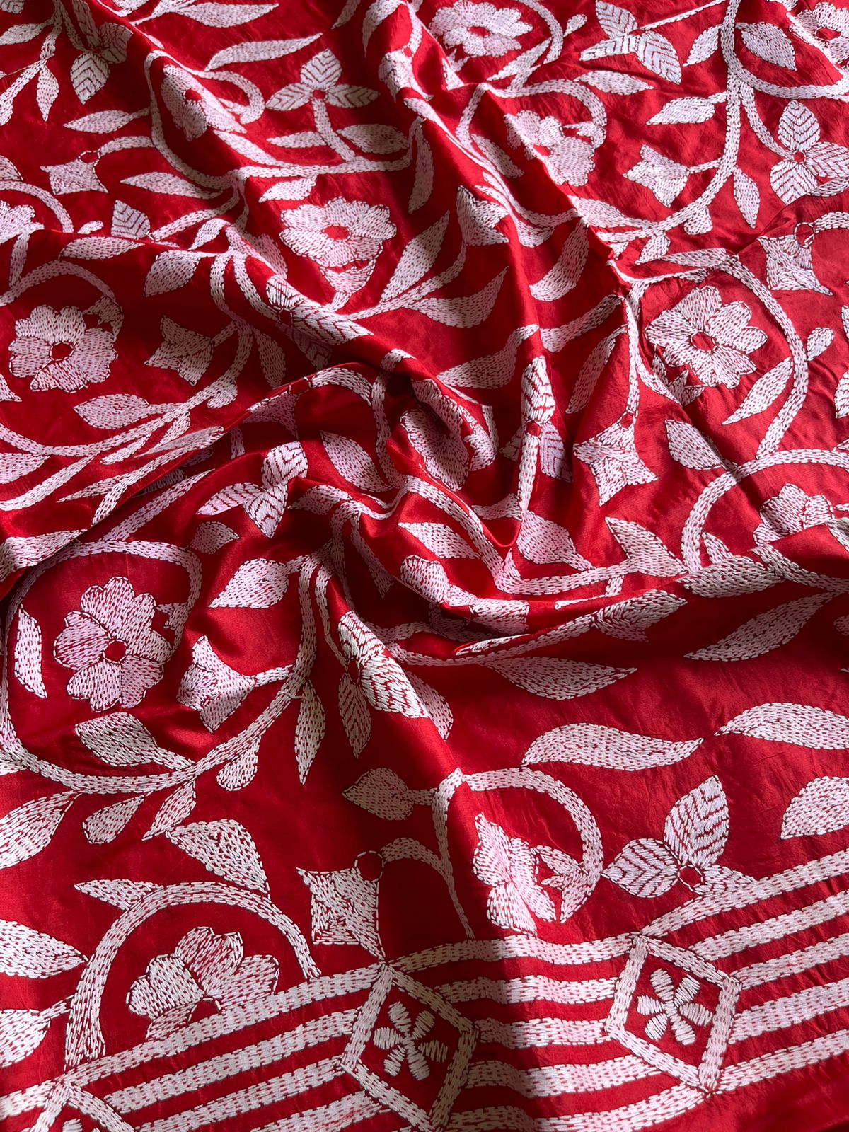 Red Kantha Stitch Hand Embroidary Full Work Pure Banglore Silk Dupatta. (With Silk Mark)