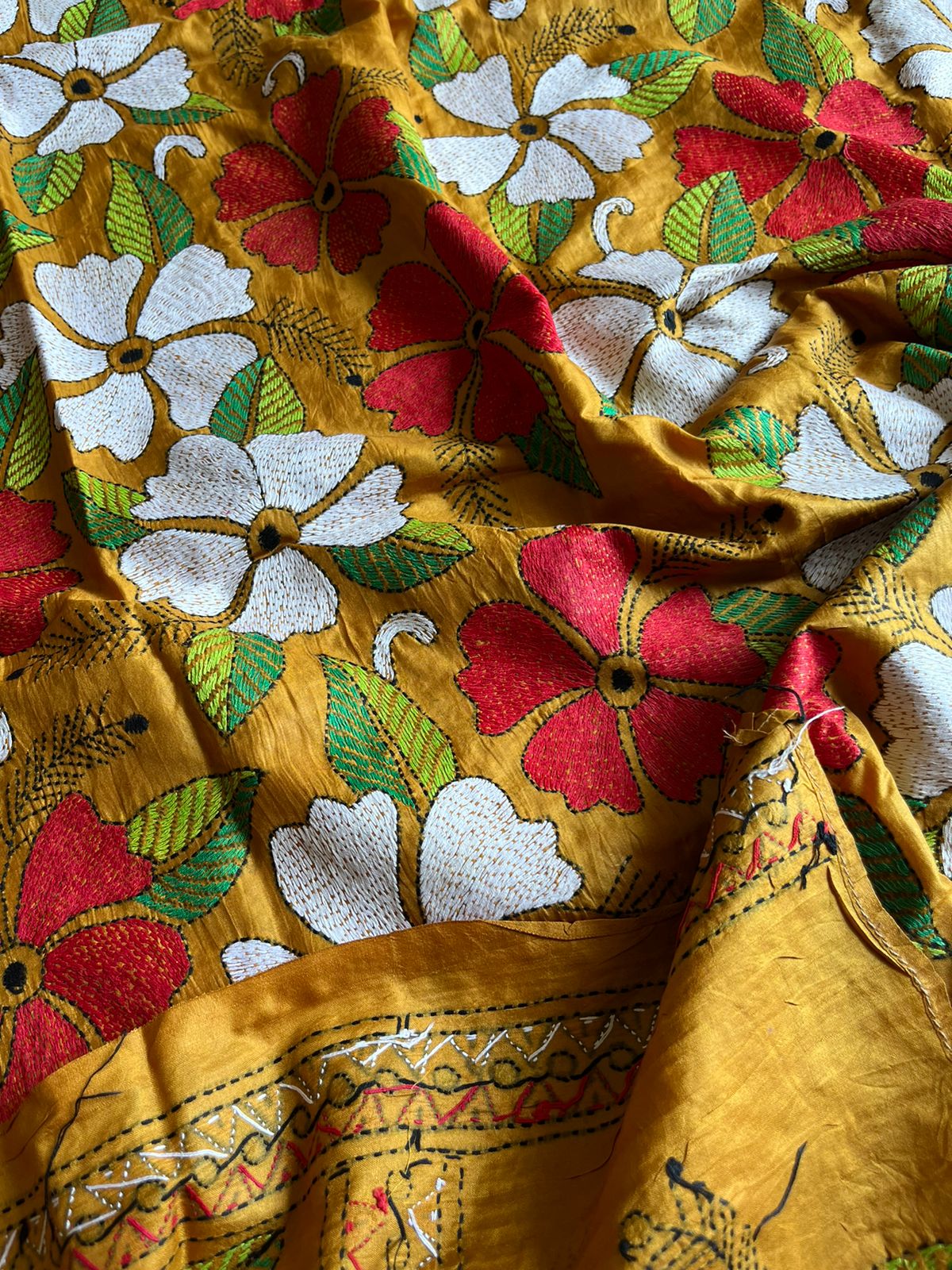 Beige Kantha Stitch Hand Embroidary Full Work Pure Banglore Silk Dupatta. (With Silk Mark)