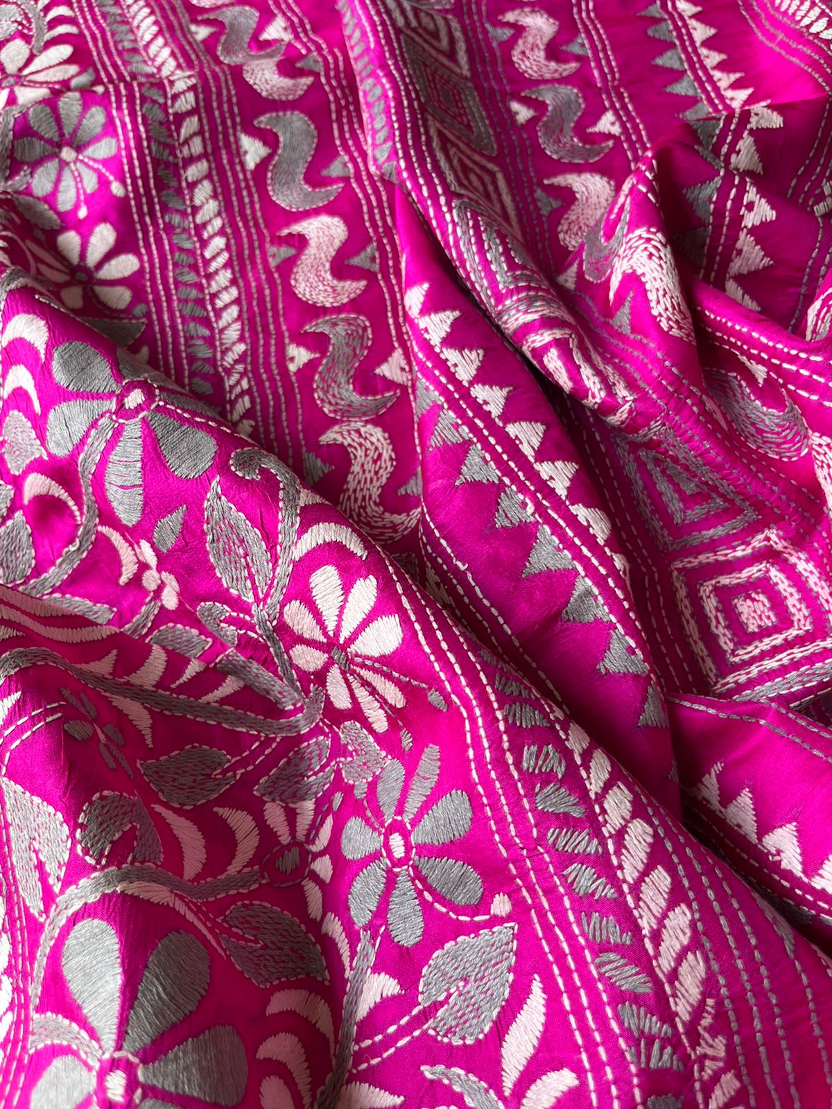 Kantha Stitch Hand Embroidary Full Work Pure Banglore Silk Dupatta. (With Silk Mark)