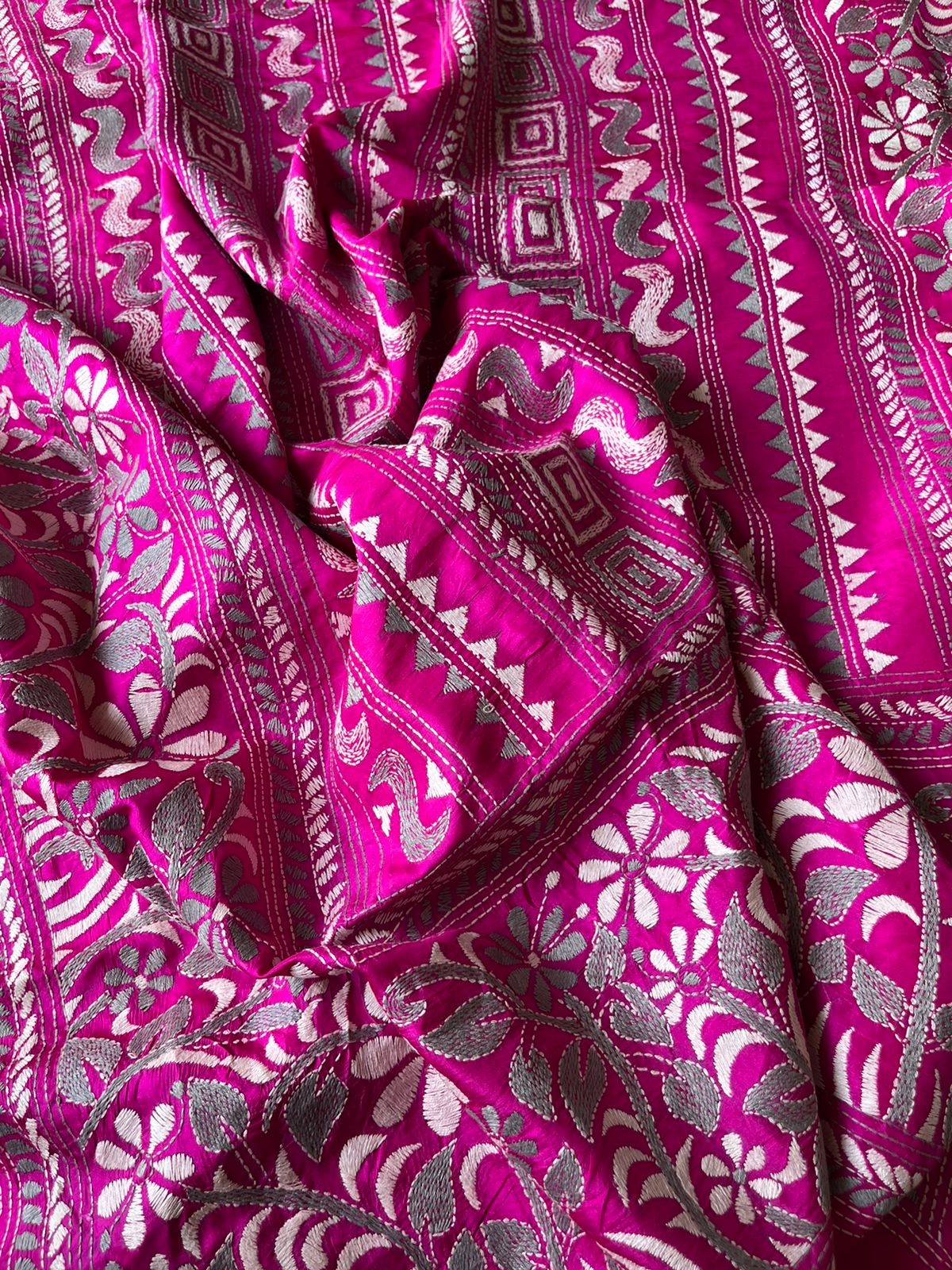 Kantha Stitch Hand Embroidary Full Work Pure Banglore Silk Dupatta. (With Silk Mark)