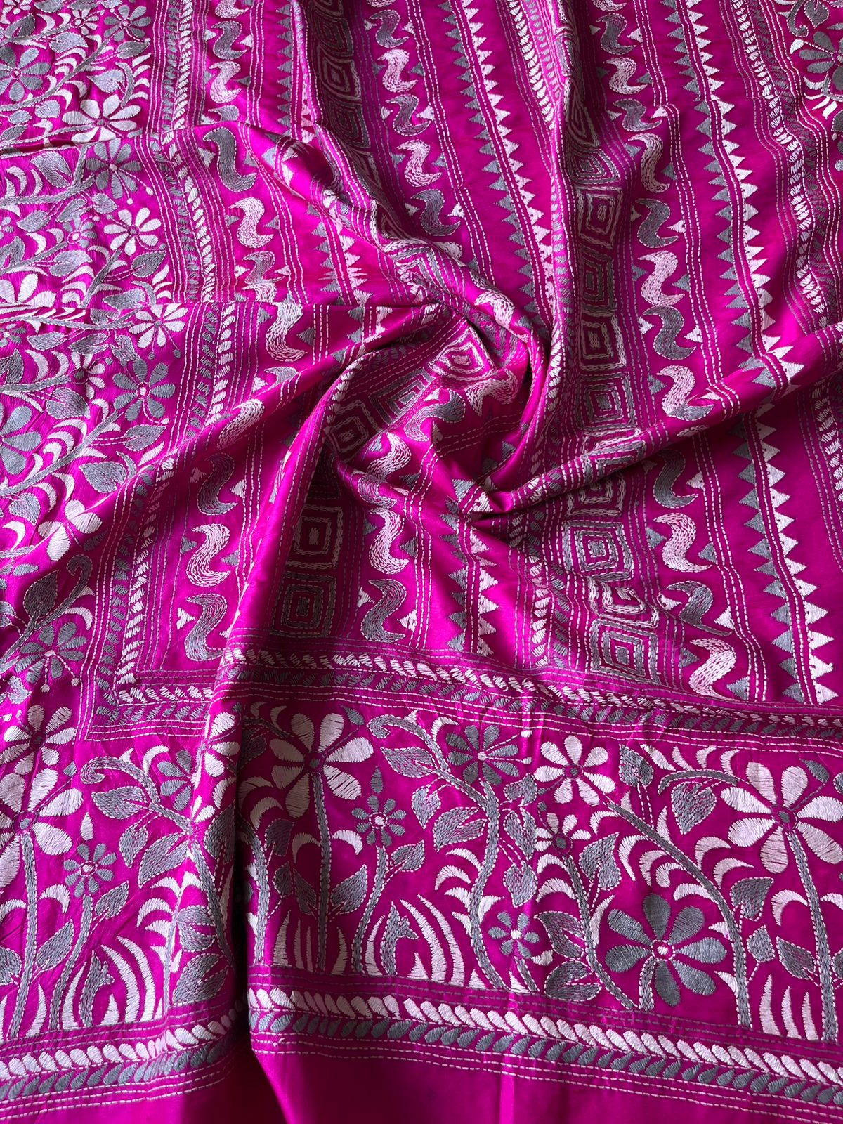 Kantha Stitch Hand Embroidary Full Work Pure Banglore Silk Dupatta. (With Silk Mark)