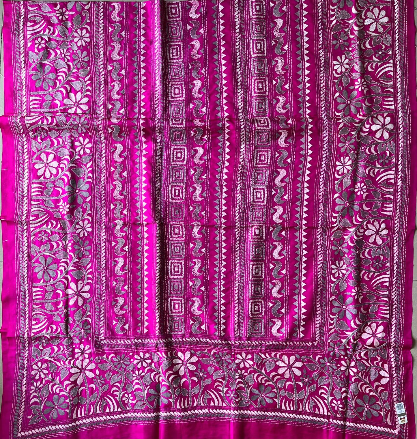 Kantha Stitch Hand Embroidary Full Work Pure Banglore Silk Dupatta. (With Silk Mark)