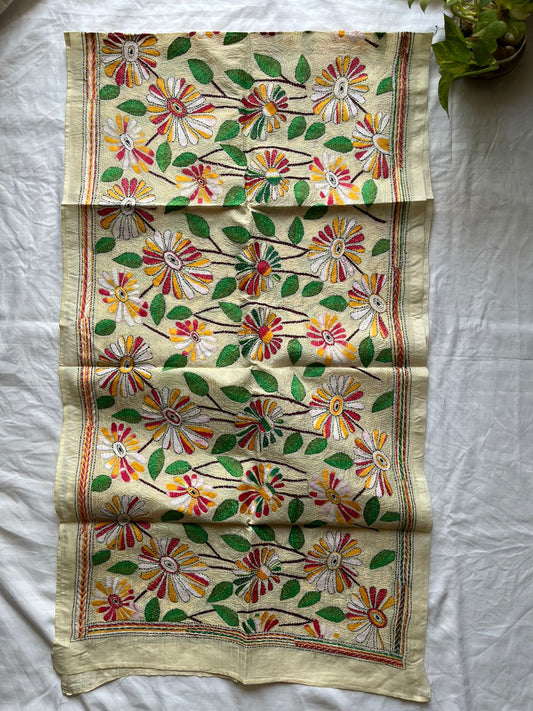 Kantha Hand Embroidary Semi Tusshar Silk Stole 22″