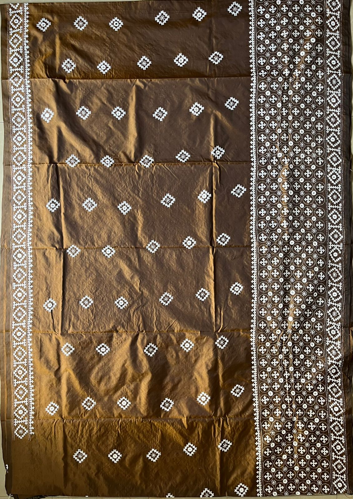 Brown Kutch Hand Embroidered Blended Banglore Silk/Art Silk Saree