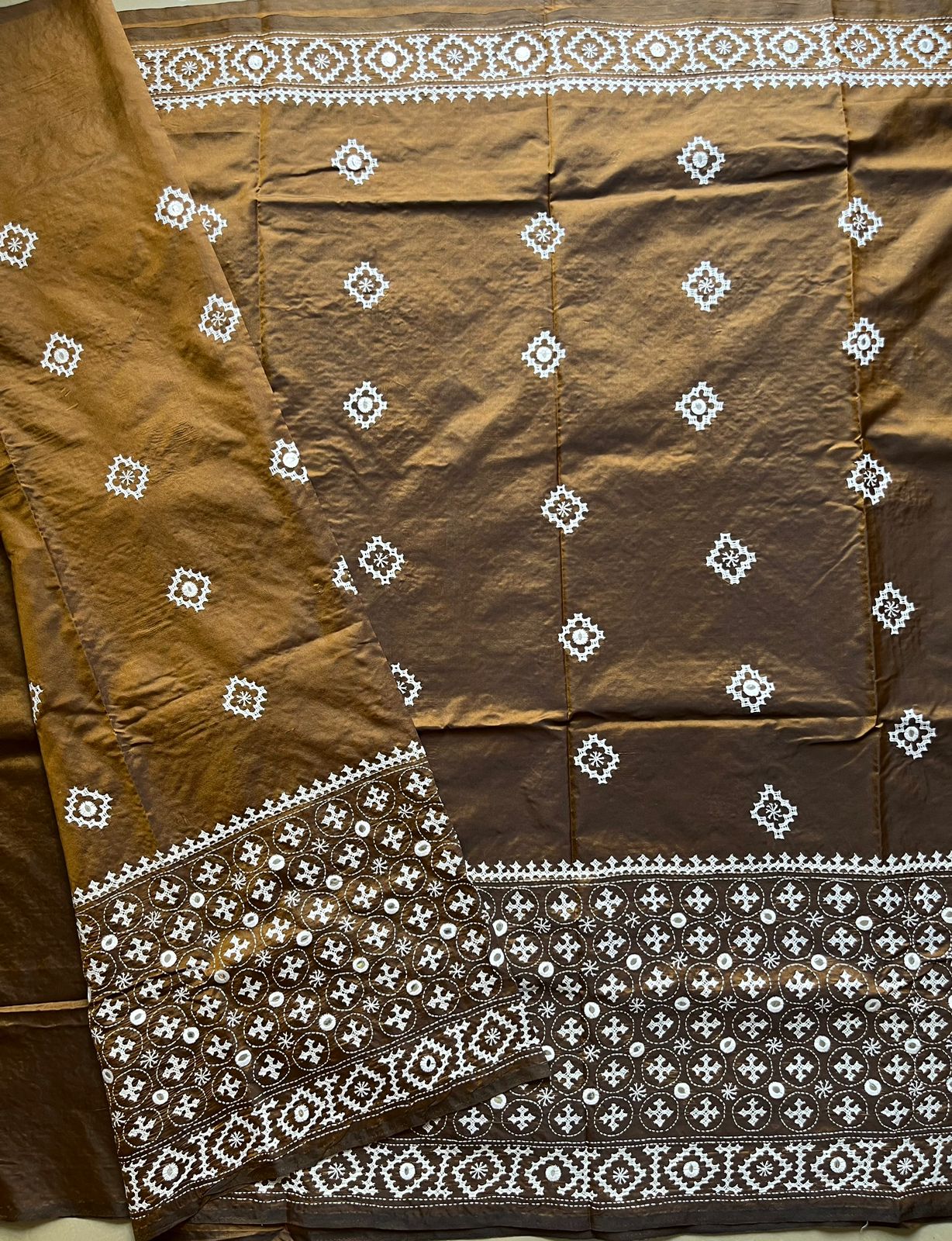 Brown Kutch Hand Embroidered Blended Banglore Silk/Art Silk Saree