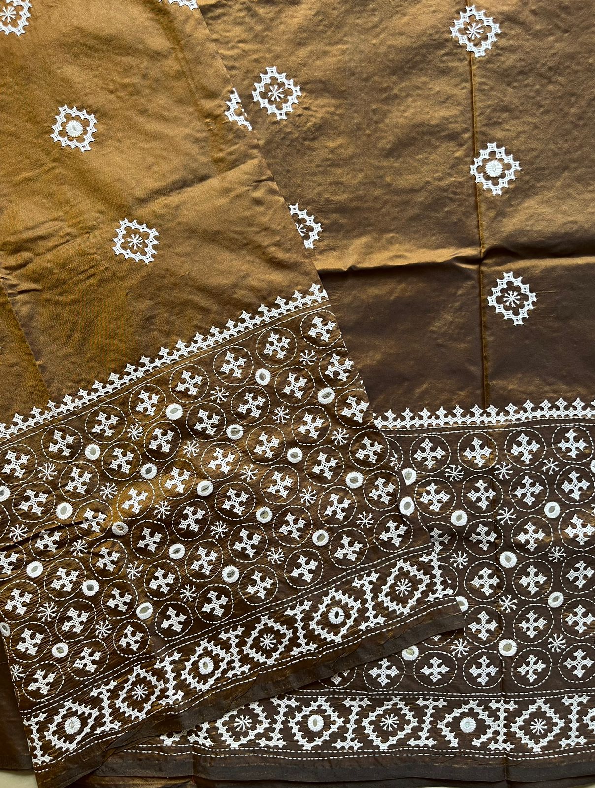 Brown Kutch Hand Embroidered Blended Banglore Silk/Art Silk Saree