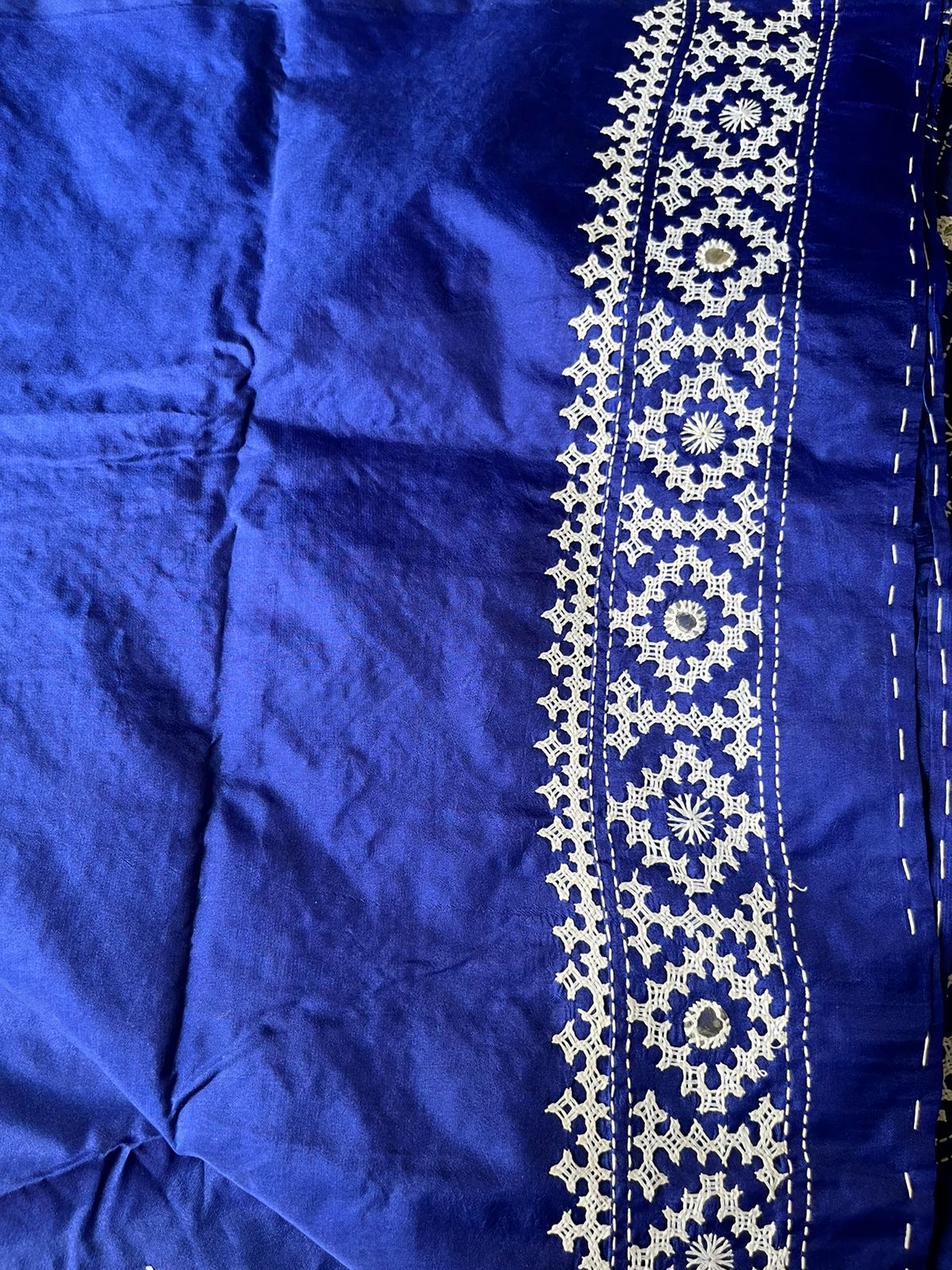 Blue Kutch Hand Embroidered Blended Banglore Silk/Art Silk Saree