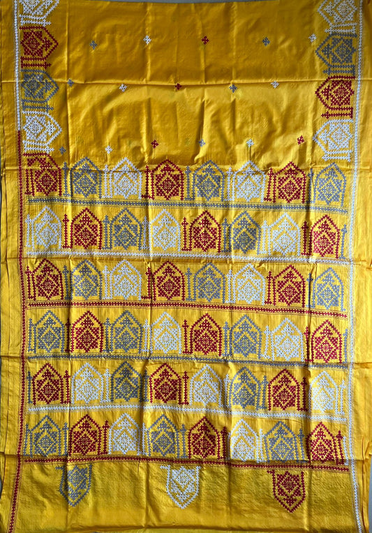 Yellow Kutch Hand Embroidered Blended Banglore Silk/Art Silk Saree