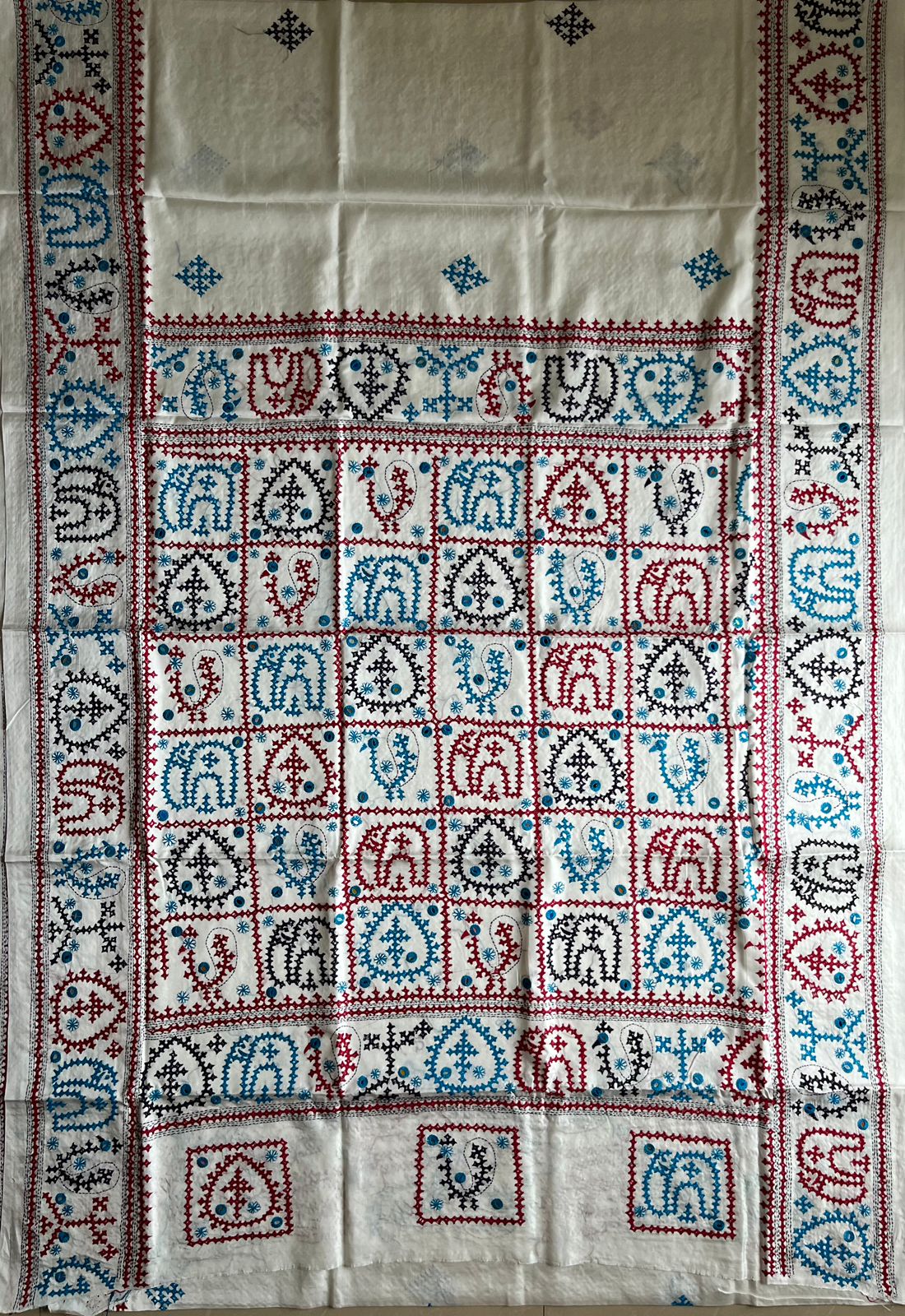 Gujrati Stitch/Kutch Hand Embroidered Art Silk Saree