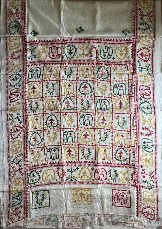 Gujrati Stitch/Kutch Hand Embroidered Art Silk Saree