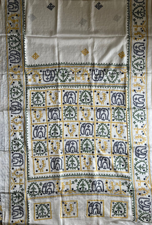 Gujrati Stitch/Kutch Hand Embroidered Art Silk Saree