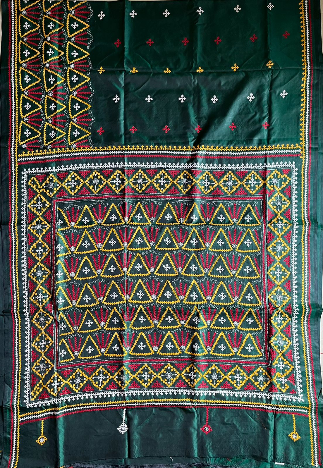 Gujrati Stitch/Kutch Hand Embroidered Art Silk Saree