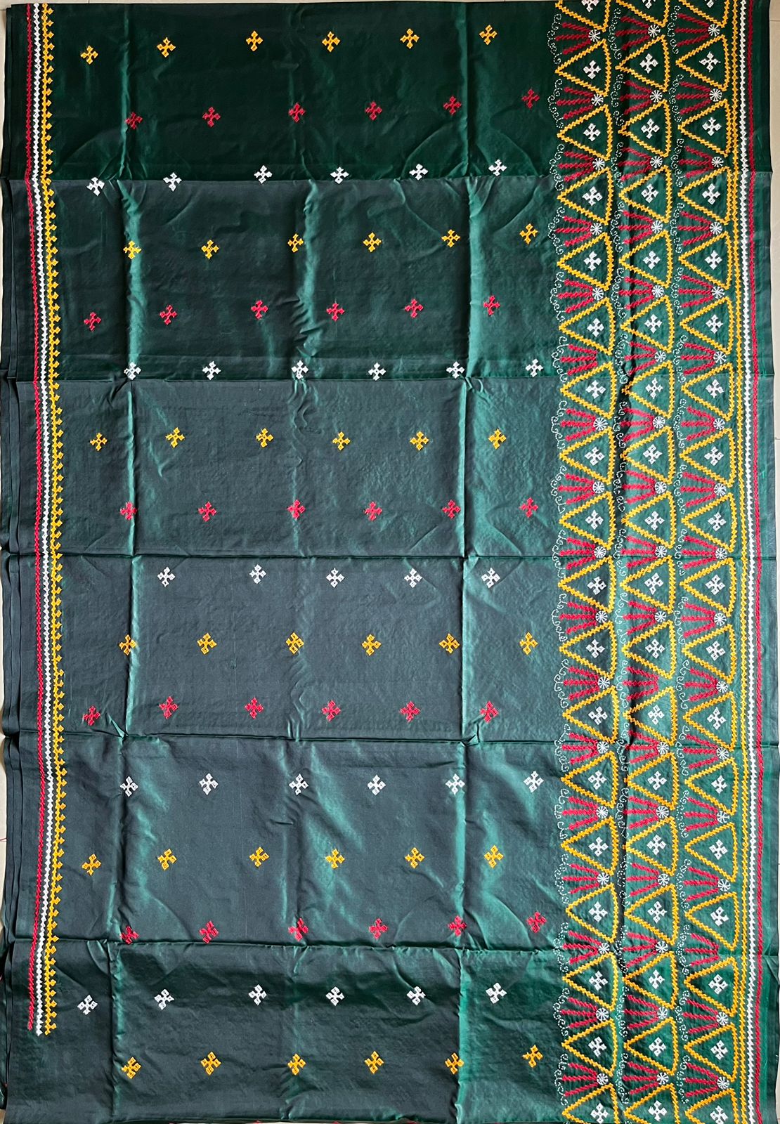 Gujrati Stitch/Kutch Hand Embroidered Art Silk Saree