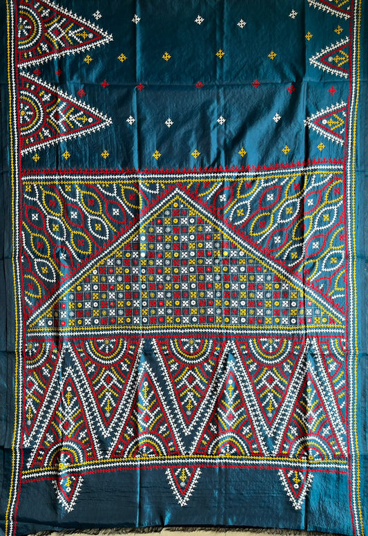 Gujrati Stitch/Kutch Hand Embroidered Art Silk Saree