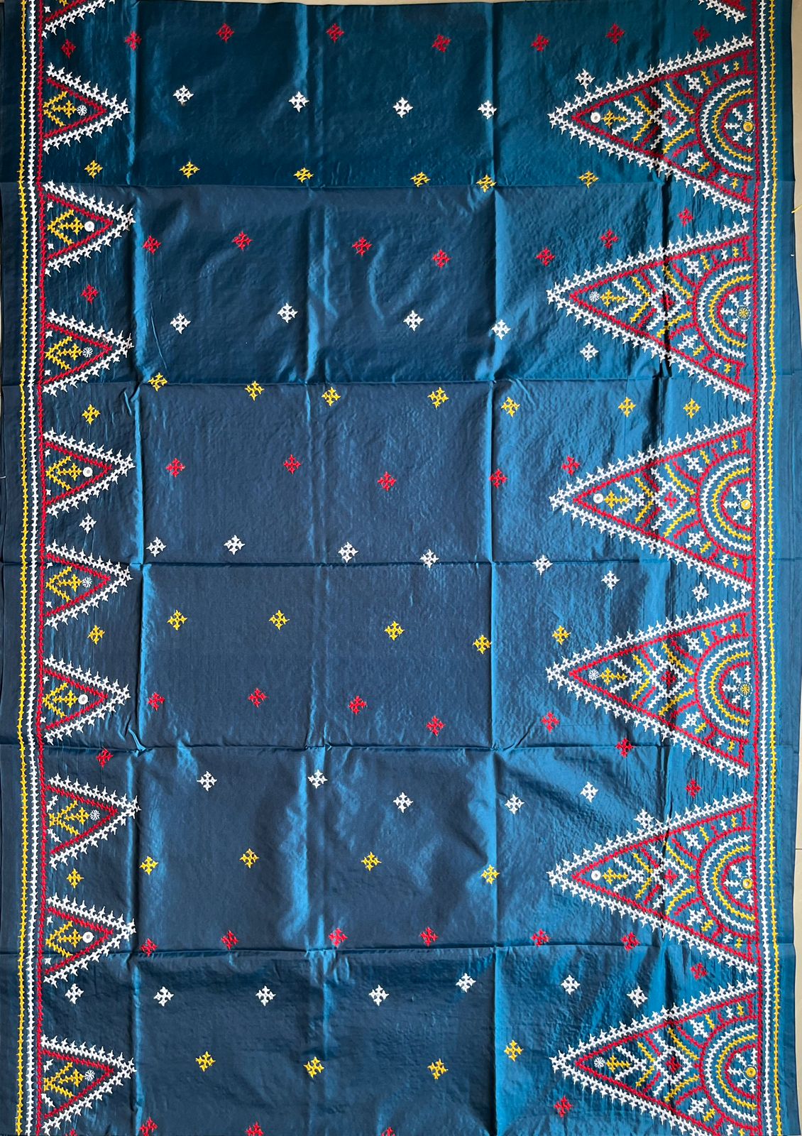 Gujrati Stitch/Kutch Hand Embroidered Art Silk Saree