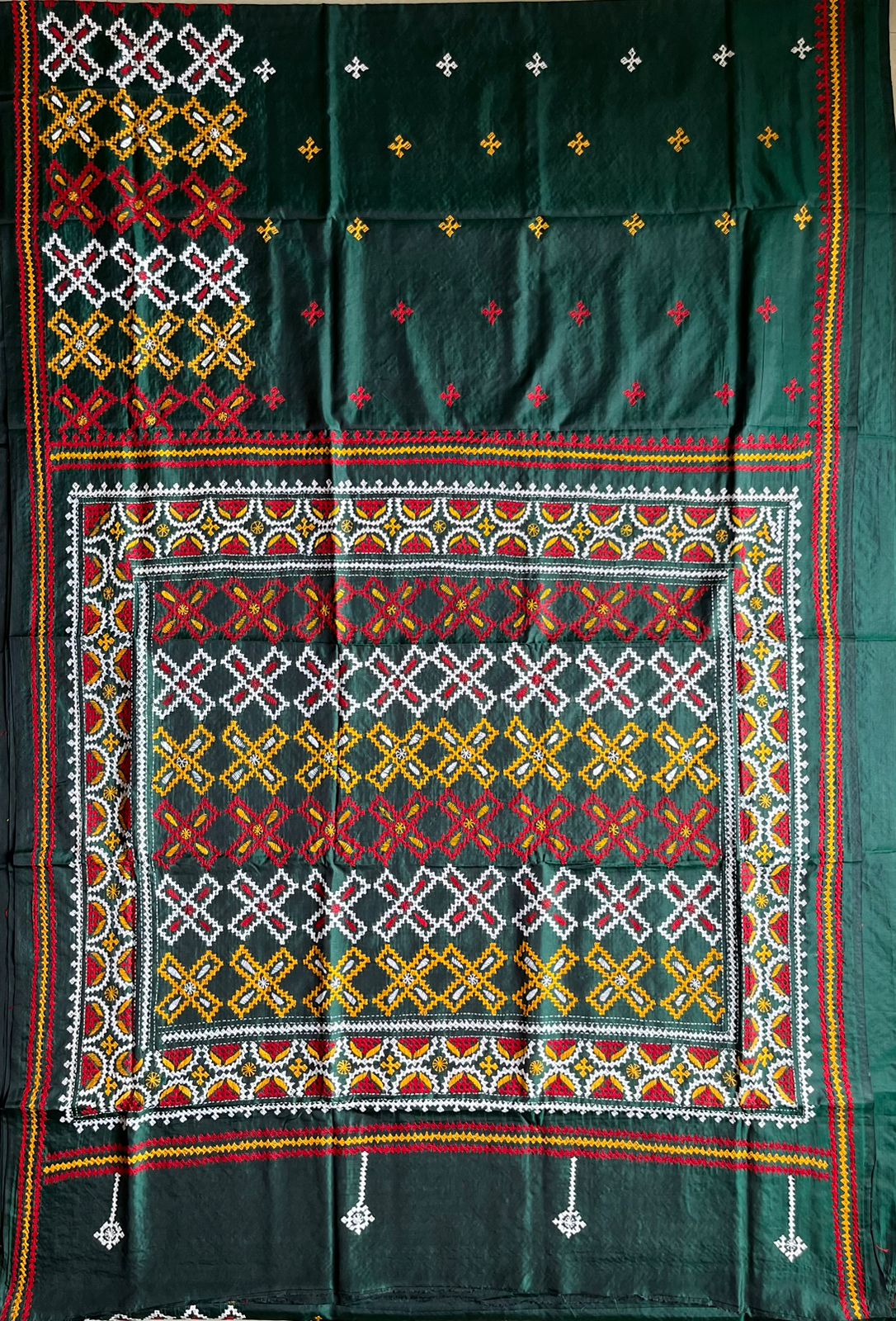 Bottle Green Gujrati Stitch/Kutch Hand Embroidered Art Silk Saree