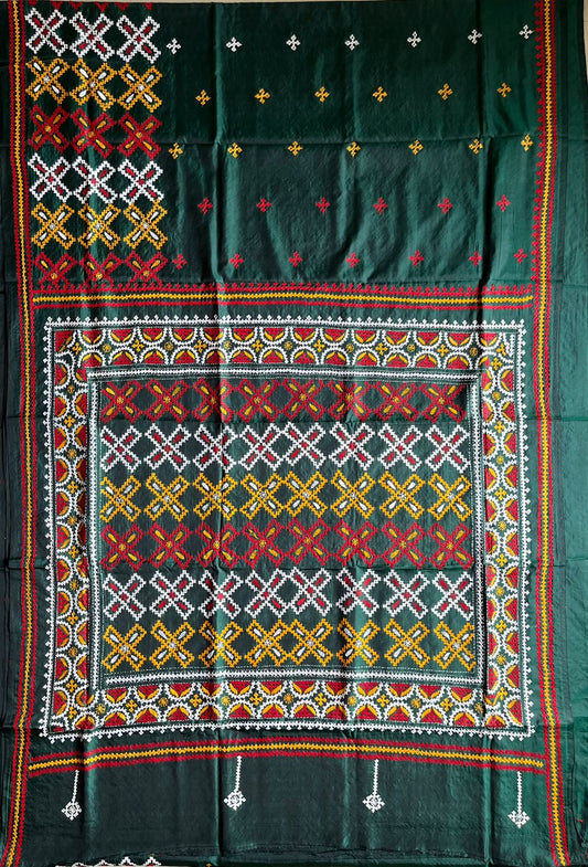 Bottle Green Gujrati Stitch/Kutch Hand Embroidered Art Silk Saree