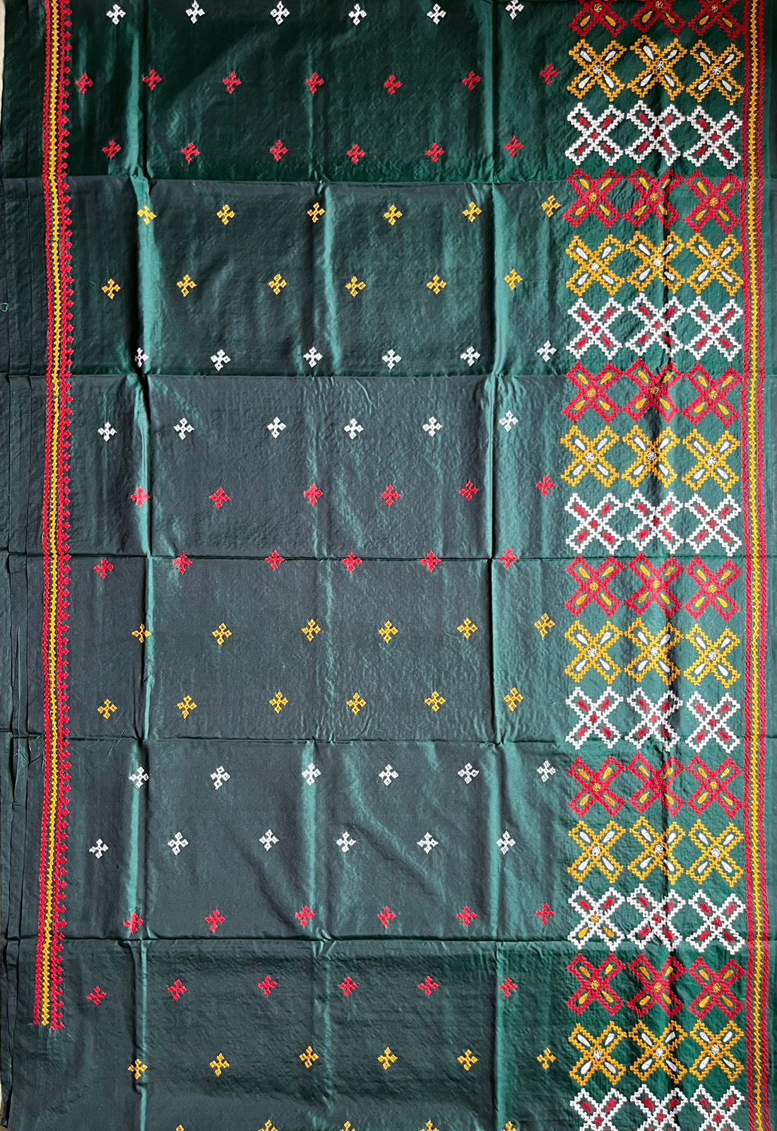 Bottle Green Gujrati Stitch/Kutch Hand Embroidered Art Silk Saree