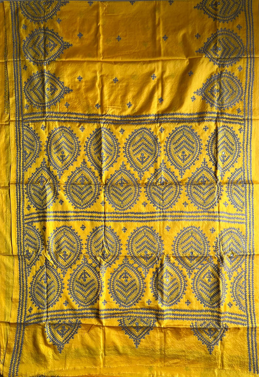 Yellow Gujrati Stitch/Kutch Hand Embroidered Art Silk Saree