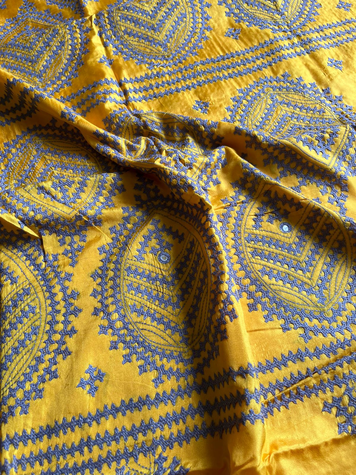 Yellow Gujrati Stitch/Kutch Hand Embroidered Art Silk Saree