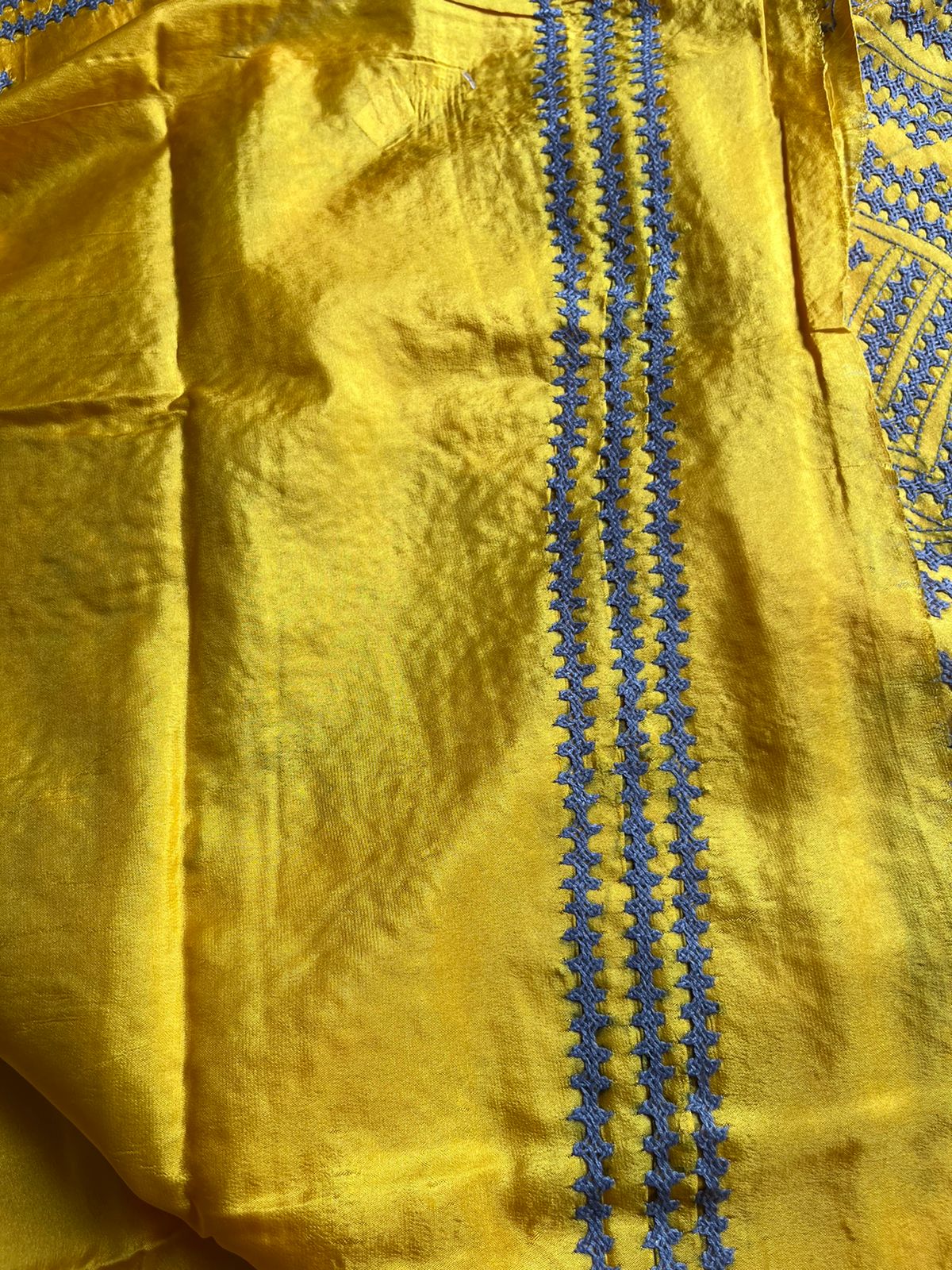 Yellow Gujrati Stitch/Kutch Hand Embroidered Art Silk Saree