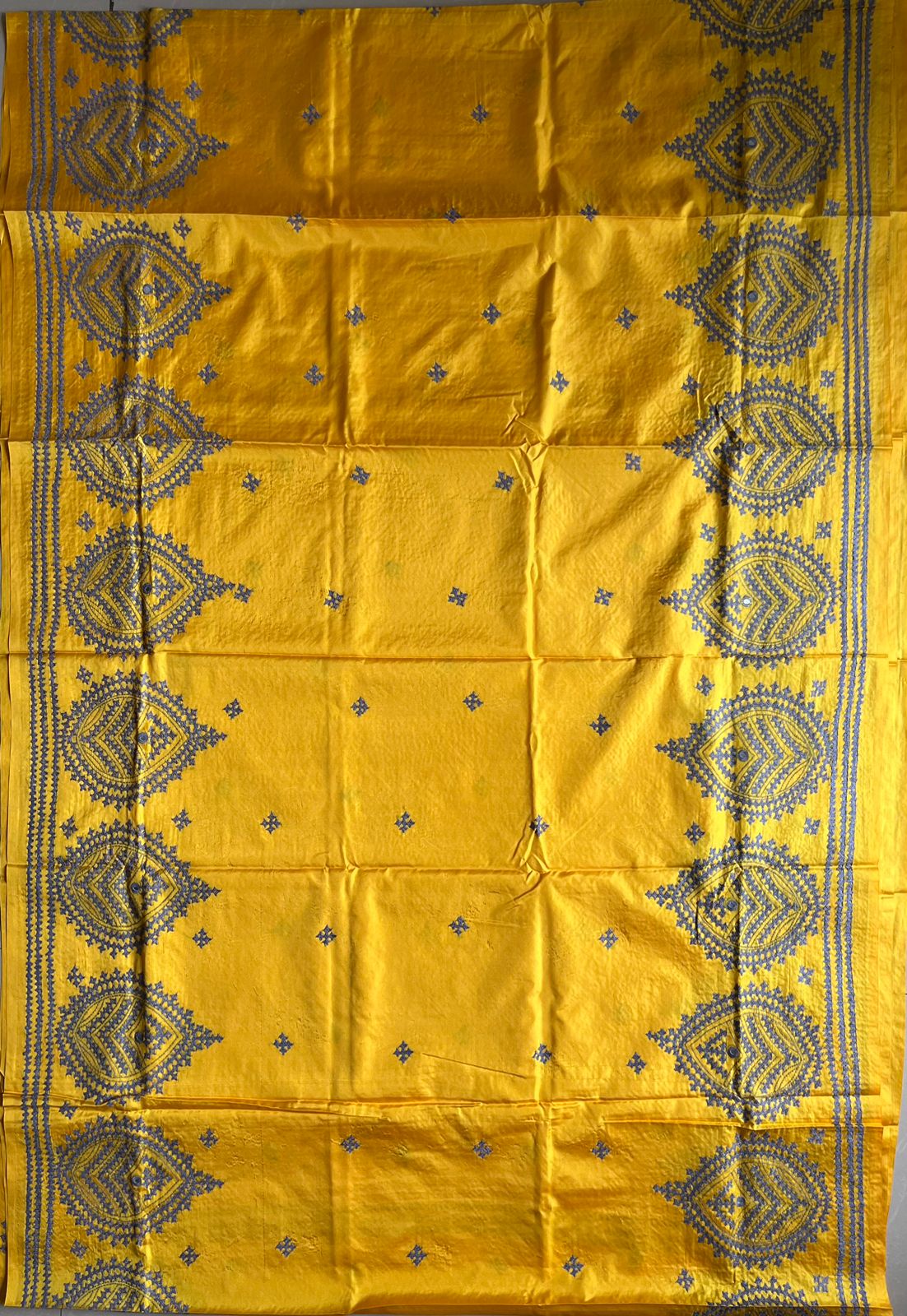 Yellow Gujrati Stitch/Kutch Hand Embroidered Art Silk Saree