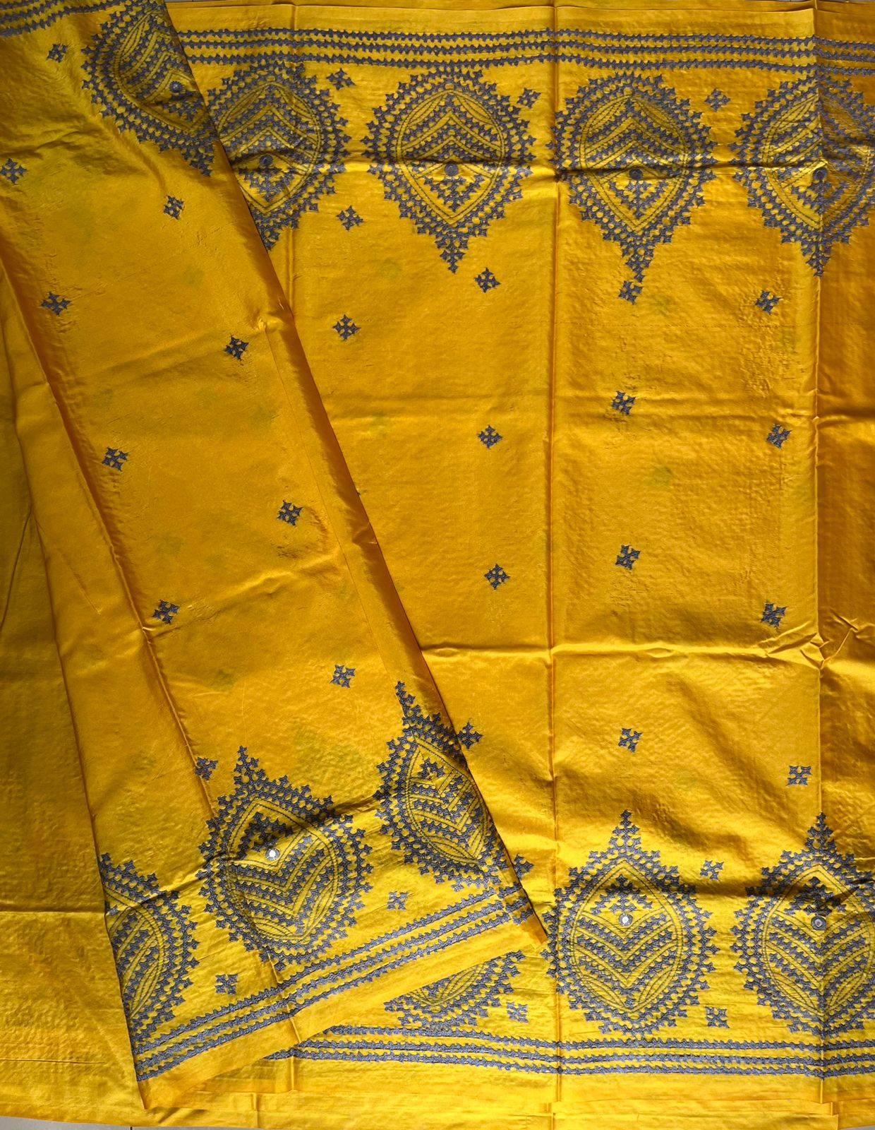 Yellow Gujrati Stitch/Kutch Hand Embroidered Art Silk Saree