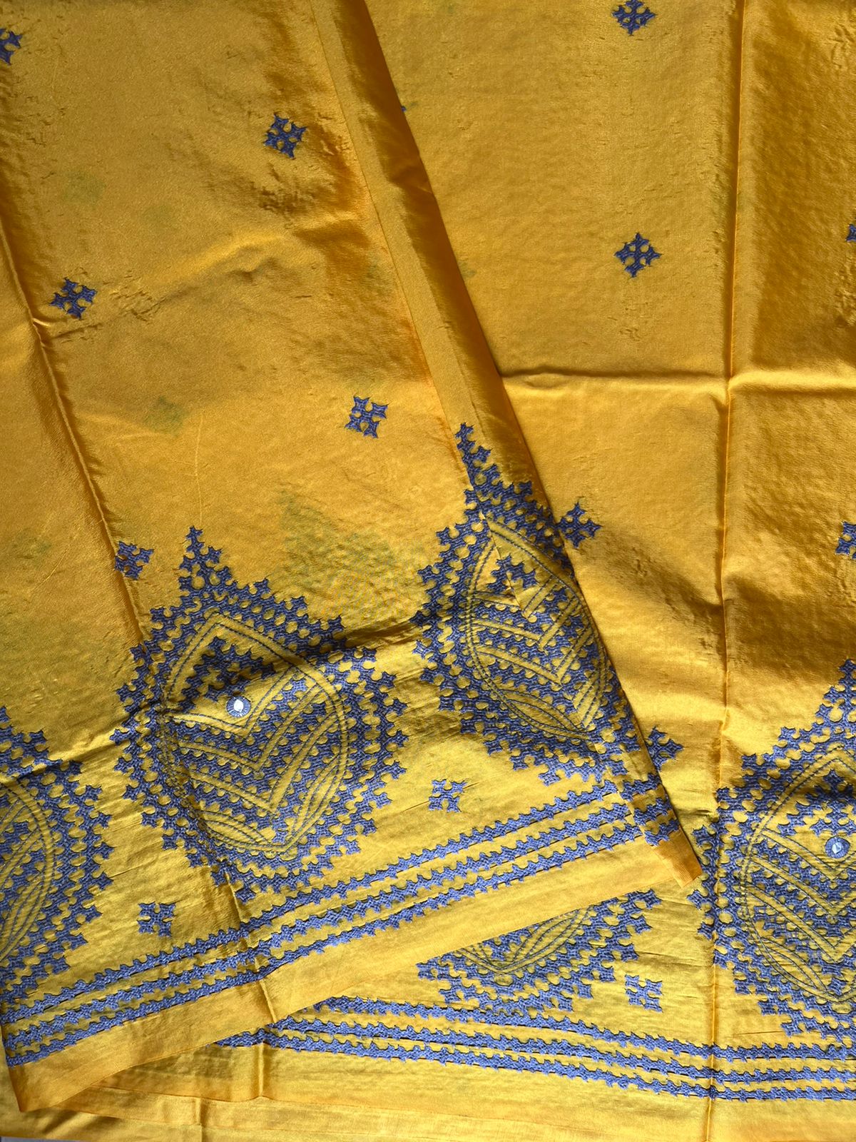 Yellow Gujrati Stitch/Kutch Hand Embroidered Art Silk Saree