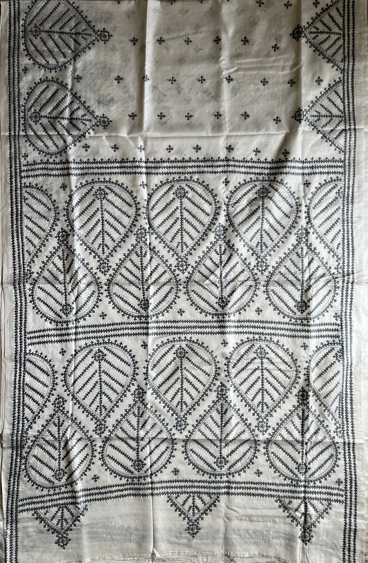 Off White Gujrati Stitch/Kutch Hand Embroidered Art Silk Saree