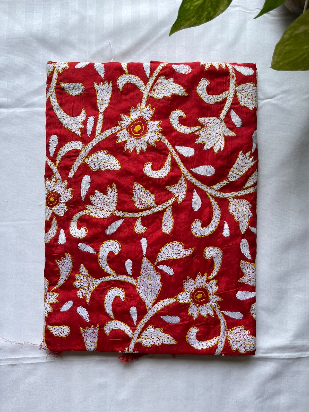 Red Kantha Stitch Hand Embroidary Full Work Blended Banglore Silk Dupatta 44″