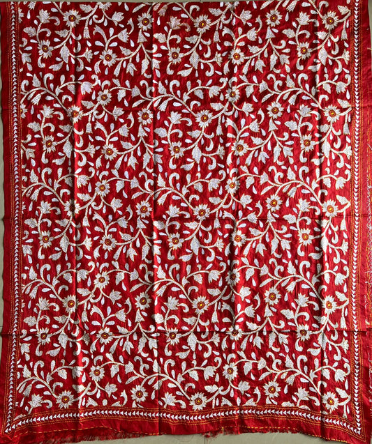 Red Kantha Stitch Hand Embroidary Full Work Blended Banglore Silk Dupatta 44″