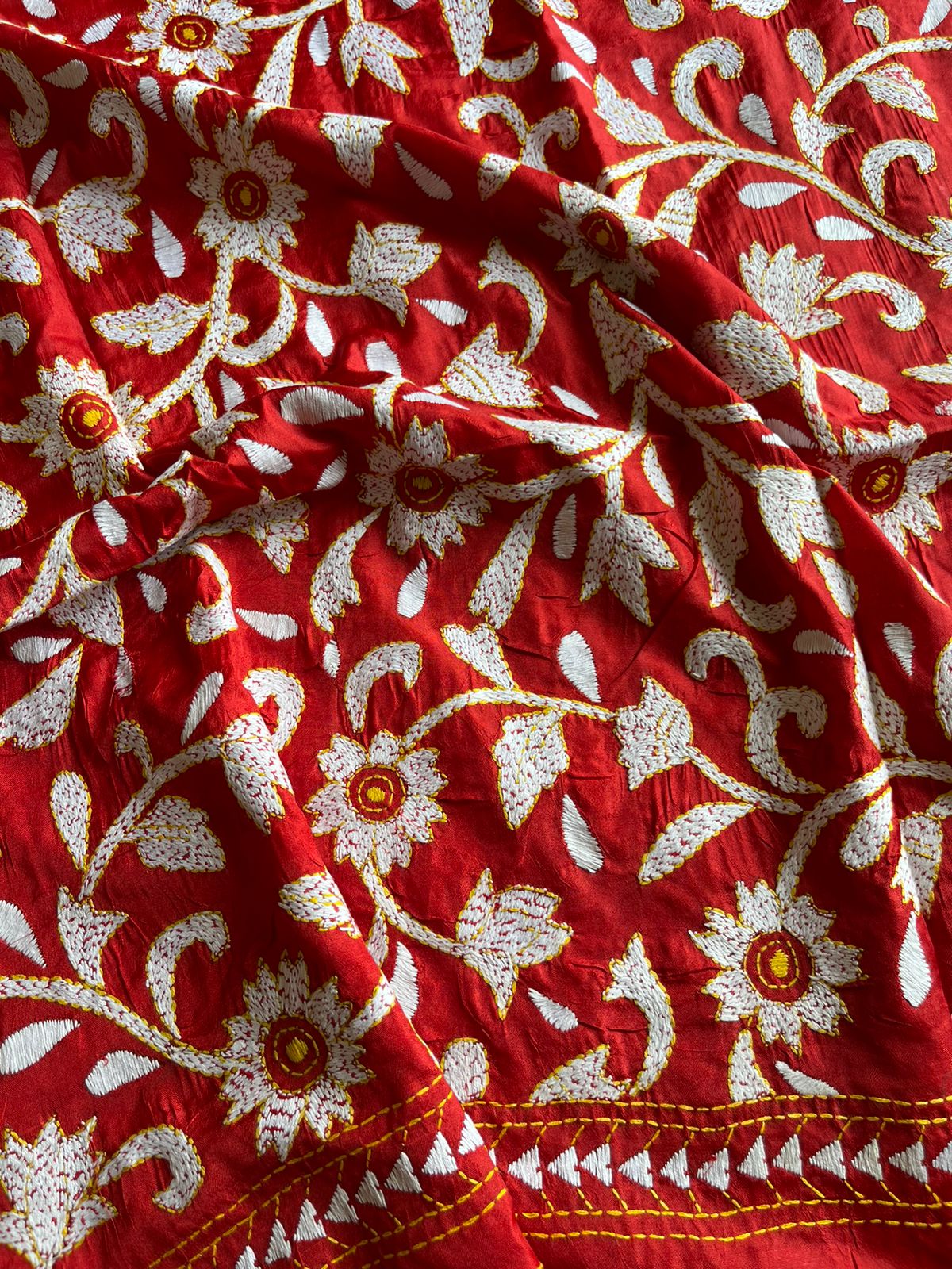 Red Kantha Stitch Hand Embroidary Full Work Blended Banglore Silk Dupatta 44″