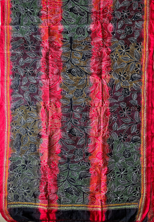 Kantha Hand Embroidary Full Work Tye Dye Semi Tusshar Silk Dupatta